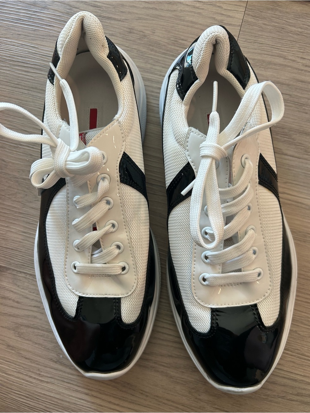 Sneakers , men’s Sz 9 , white with black patent